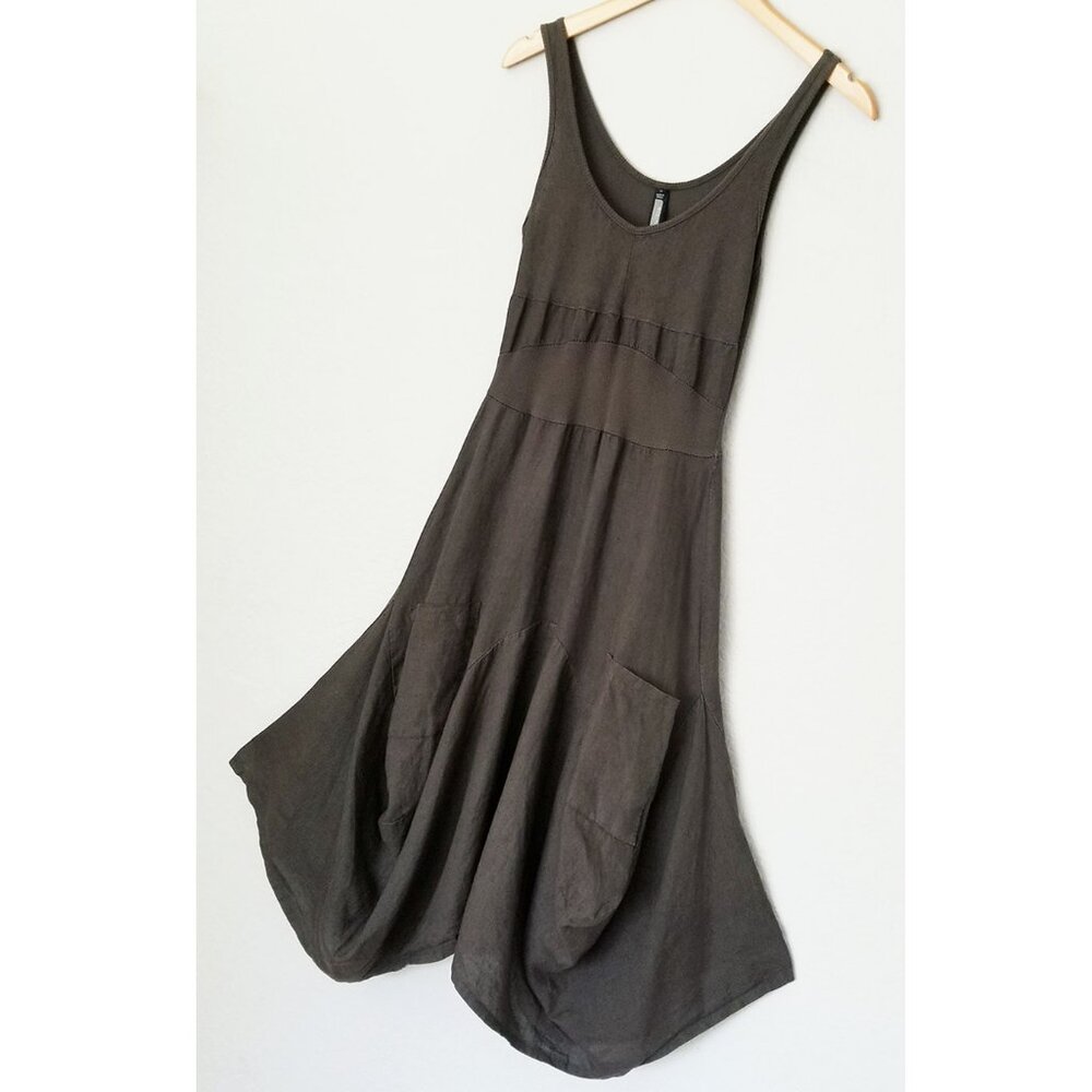 Inizio MAGIC 2 POCKET Sleeveless Linen Dress S Lagenlook Dark Olive Italy $150 - Picture 11 of 11